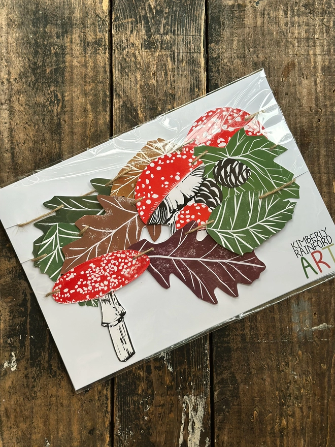 Hand Printed Woodland Mushrooms & Leaves Linocut Garland