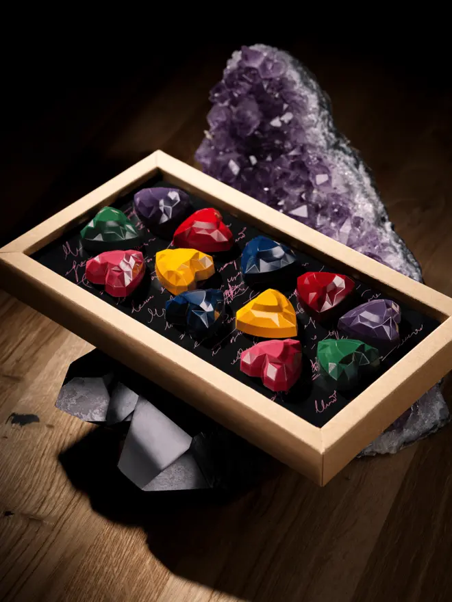 12 heart chocolates, 6 different colours and flavours  in a box