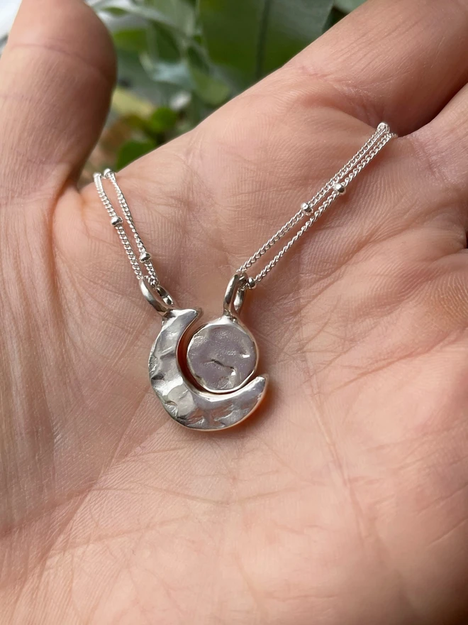 Hand made sun and moon friendship necklaces made from 100% recycled sterling silver, cute gift for girlfriend or wife for Valentine's Day, Galentine's Day or Mother's Day. Send straight to your special someone. Made by Celina C Jewellery, a small business in the UK, find on Holly and Co.