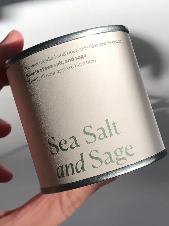 Sea Salt & Sage Candle, against a plain background. 