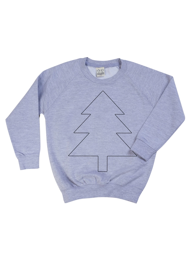 Grey sweatshirt printed with the outline of a xmas tree