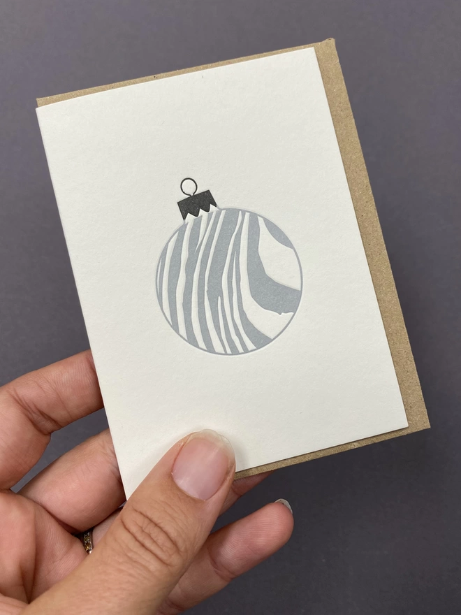 Metallic silver Zebra print Christmas bauble on small card 