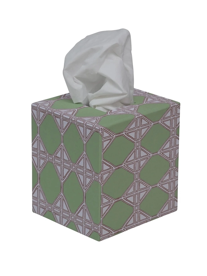 Tijan Tissue Box Cover, a colourful and patterned tissue box sitting on a white surface against a plain backdrop. 