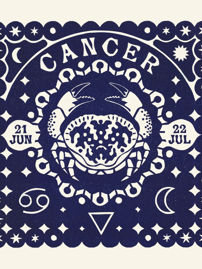 cancer zodiac linocut. a crab linocut and printed on a blue background.