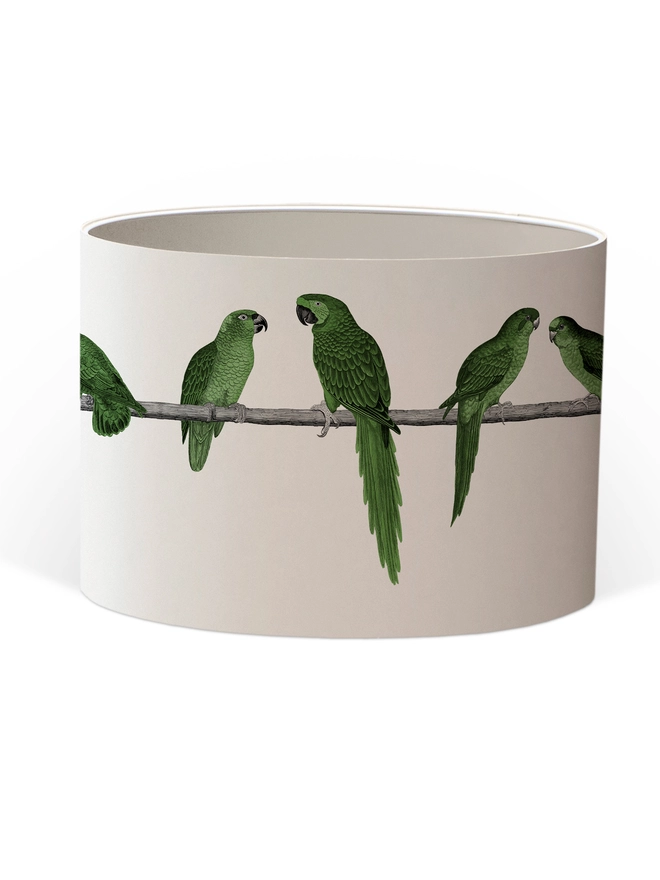 A colourful lampshade featuring a lively group of green parrots in a tropical jungle-inspired design, bringing a playful touch to home interiors.