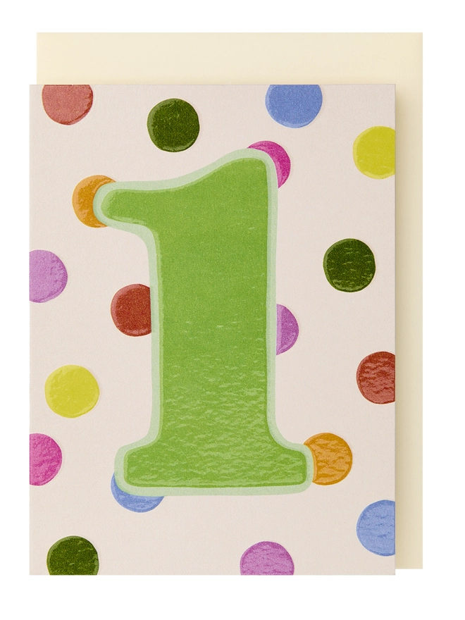 A colourful polka dot card with a large green 1 in the centre
