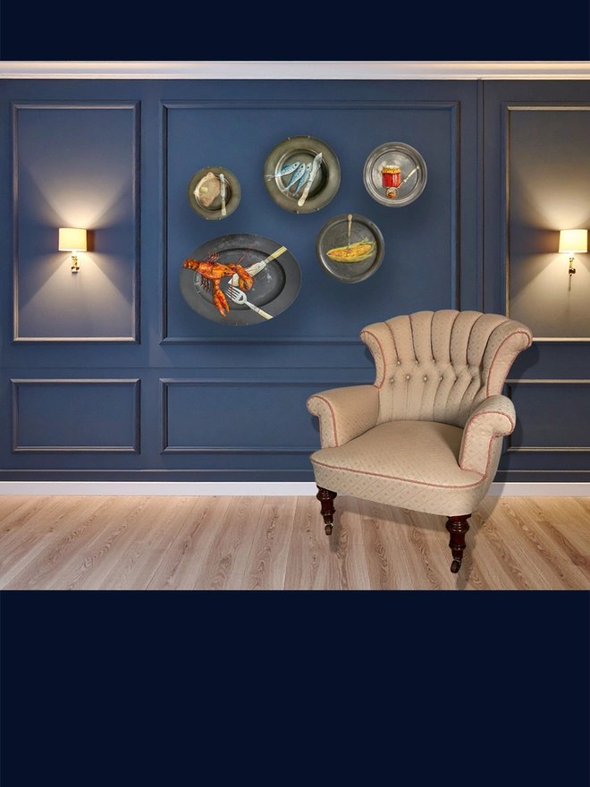 plate-scape with painted pewter plates