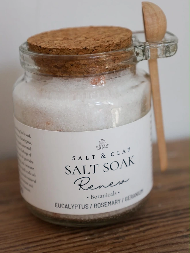 Epsom salts, spa inspired bath salts with essential oils of Eucalyptus, Geranium and Rosemary organic essential oils.