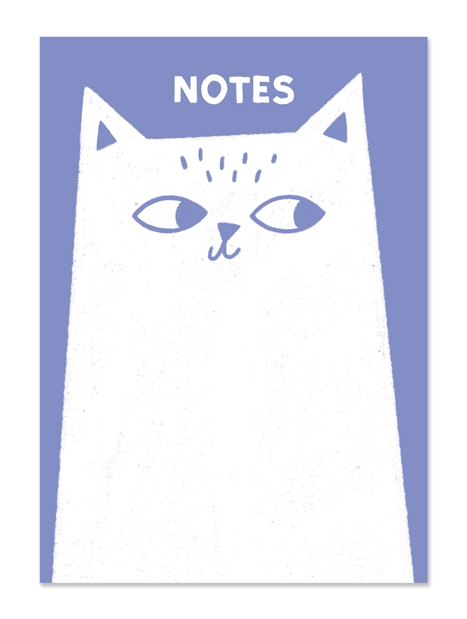 Purple notepad with a large image of a white cat's head and the heading "notes"