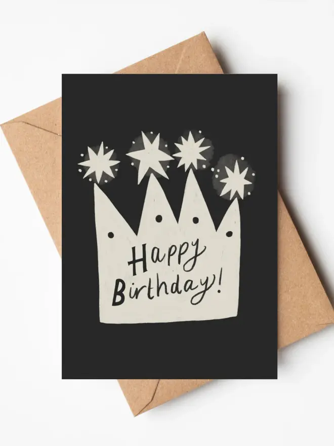 'Happy Birthday Crown' Birthday Card Black and cream card blank inside with a brown envelope 