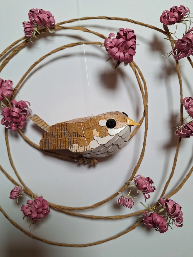 wren bird sculpture on a burgundy flower wreath. Handmade nature themed wall art