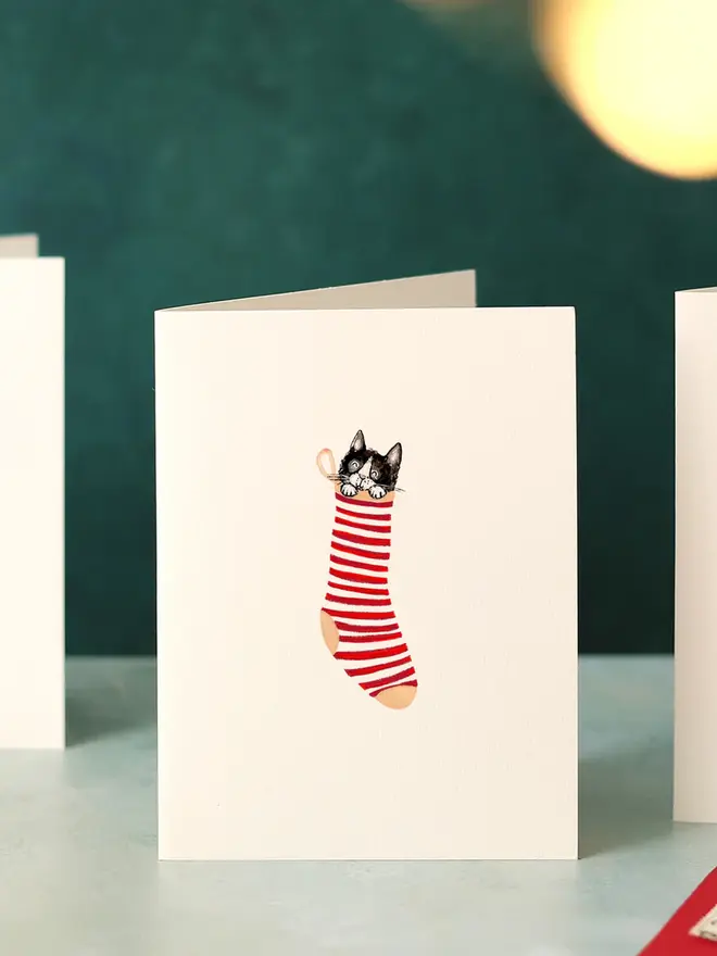 cat in stocking illustrated christmas card