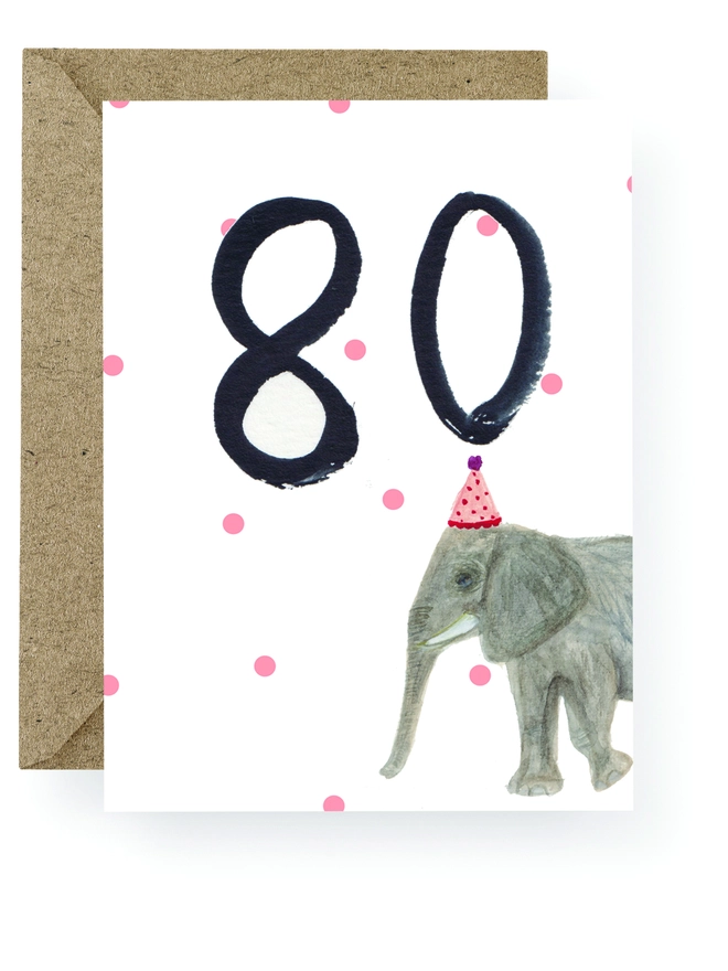 Elephant 80th Birthday Card that can be personalised with a name 