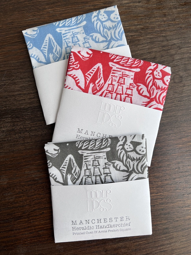 Choice of 3 colours of Manchester Coat of Arms Handkerchiefs in packets