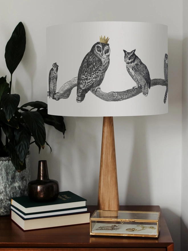 Handmade vintage owl lampshade featuring a parliament of illustrated owls perched together, created from antique animal etchings with monochrome details