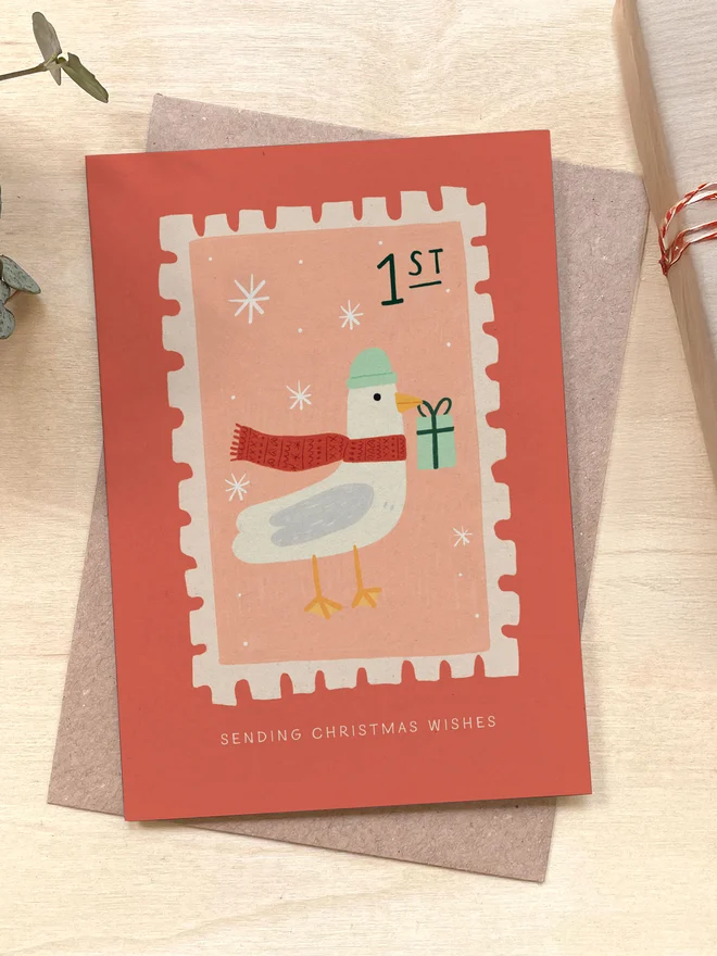 Seagull Stamp Recycled Coffee Cup Christmas Card