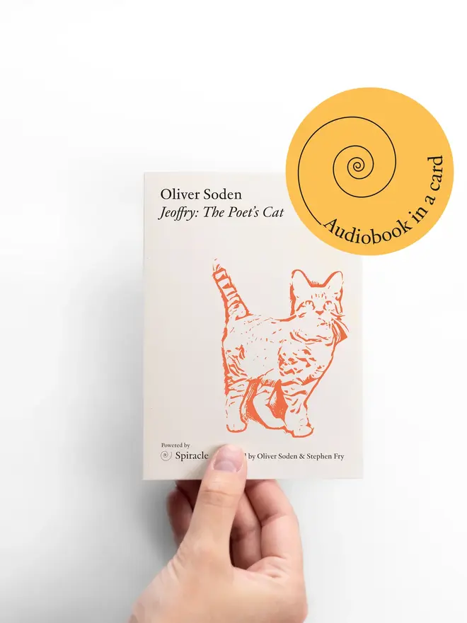 Jeoffry: The Poet's Cat By Oliver Soden Audiobook In A Card, on a white background. 