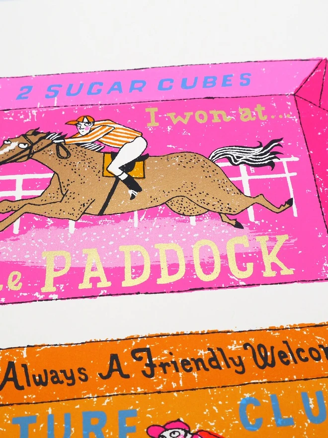 Two Horse Race Horse Sugar Cubes Screenprint, a pair of colourful sugar cube designs on a white screenprint. 