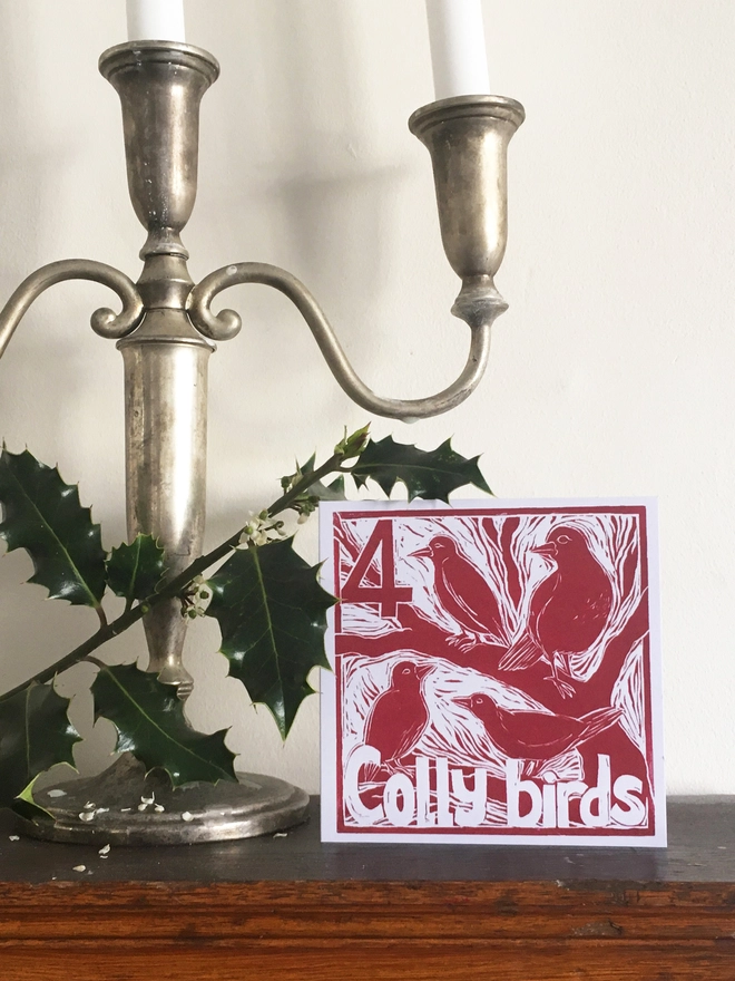 Christmas card Four Colly Birds The Twelve Days of Christmas linocut design by Kate Guy