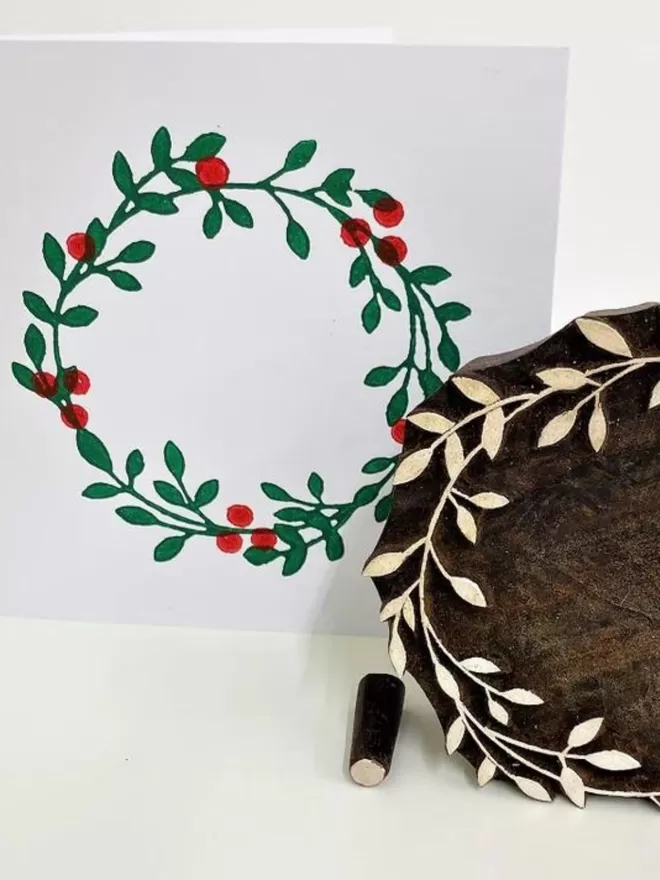 Indian Block Printing Kit - Wreath & Berries Christmas Cards