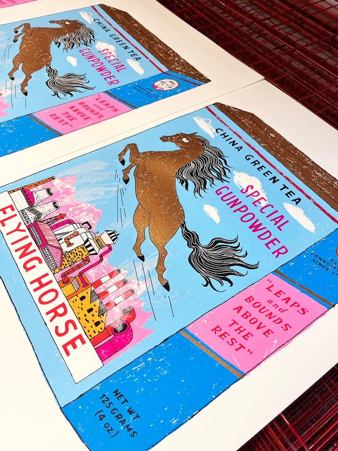 Flying Horse Screenprint 'One Giant Leap', a group of colourful green tea designs in the centre of  white screenprint. 