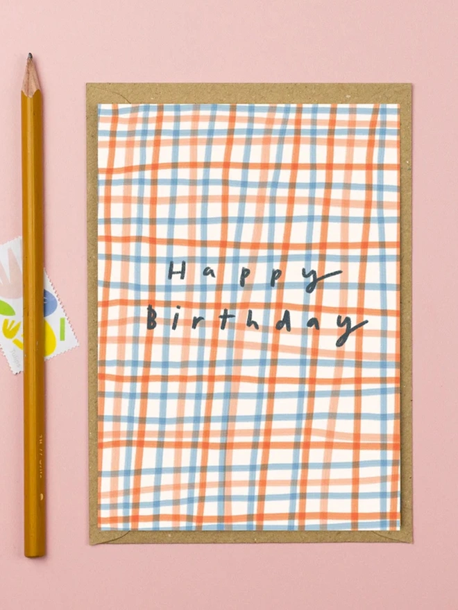 'Happy Birthday' Blue And Orange Checkered Greeting Card