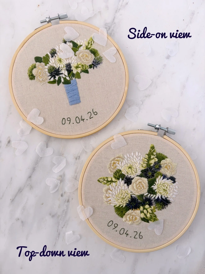 Examples of a side-on and top-down view of an embroidered wedding bouquet