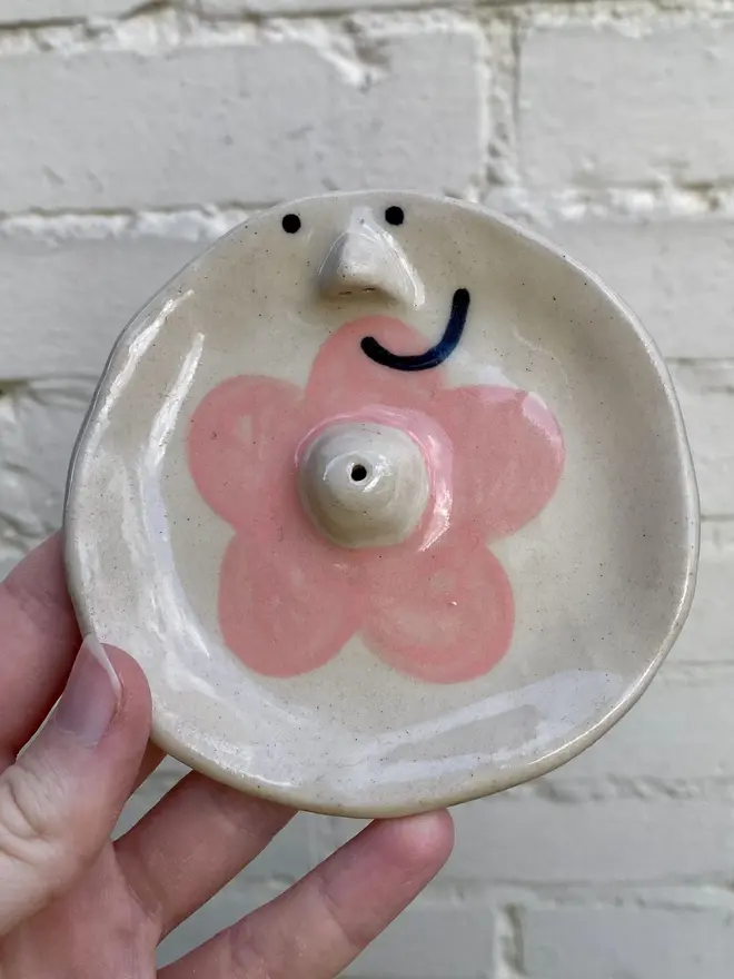 pink flower handmade ceramic incense dish