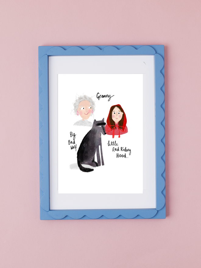 custom illustrated family portrait. portrait of girl, grandmother and black cat.