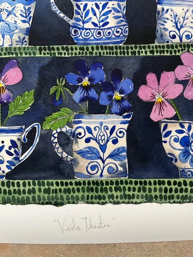 violas in delftware, ceramic cups & mugs print