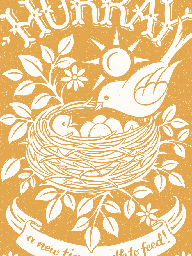 detail of yellow new baby bird card with birds and eggs in nest