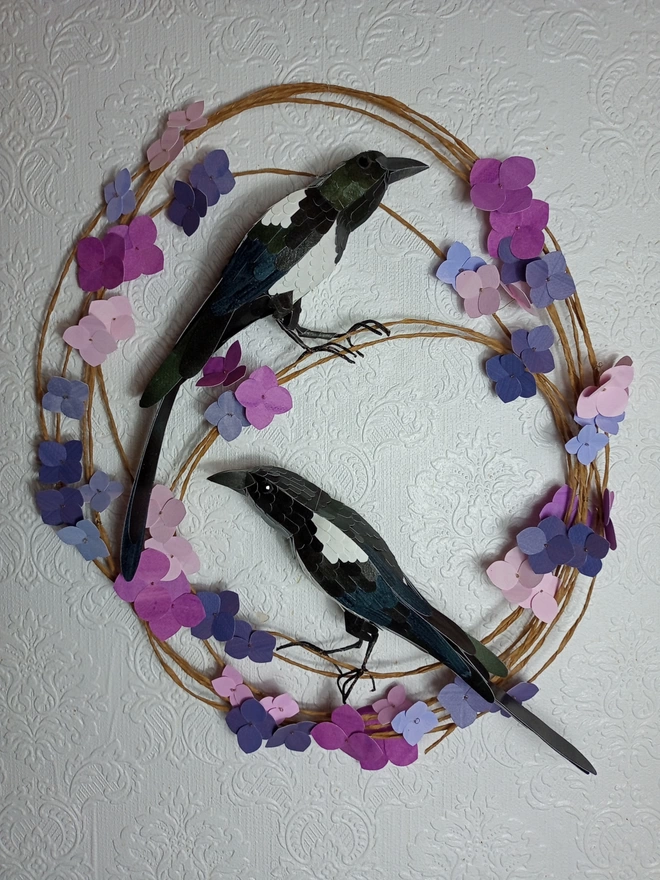 'Two For Joy' Magpie duo paper sculpture wall art