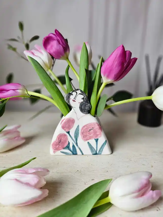 small pink and white handmade ceramic vase