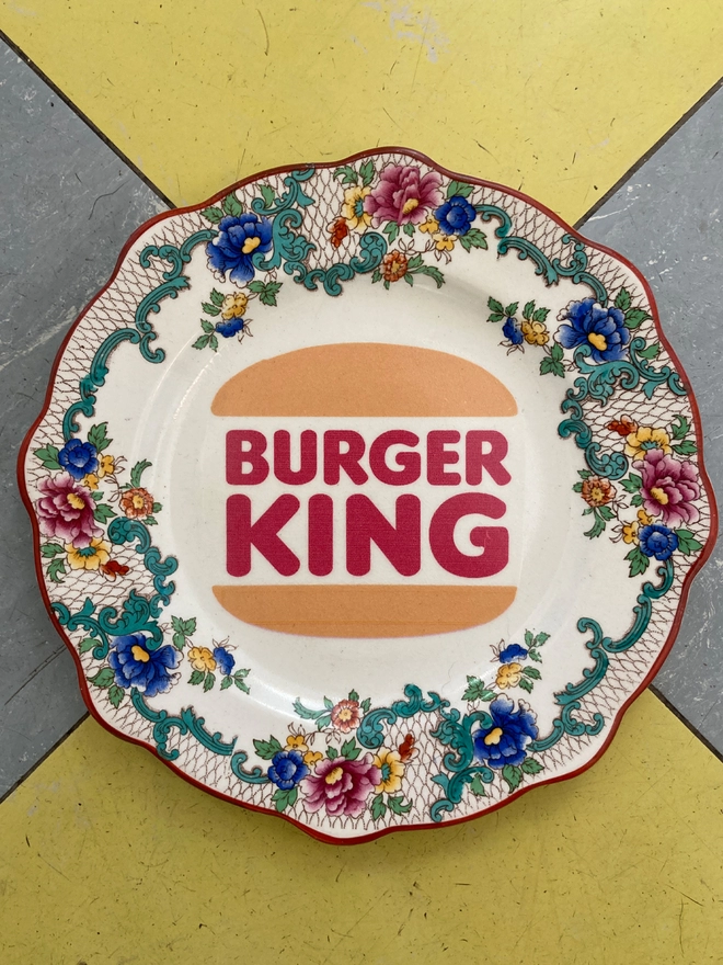 Vintage plate, Burger King, Hand printed, original, one-off, fast food, vintage burger king plate