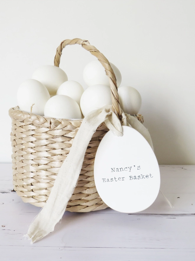 handpainted wooden egg shaped Easter egg basket tag