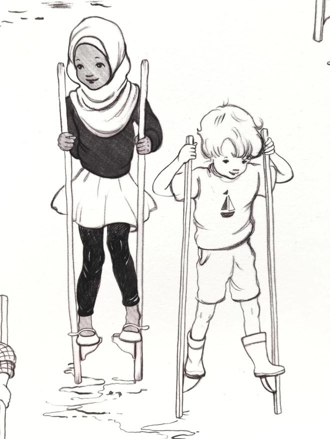a close up of an art print showing 2 children on stilts one with wellies and one with a h