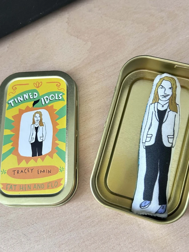 Mini illustrated fabric figure of artist Tracey Emin a with a keepsake gift tin.