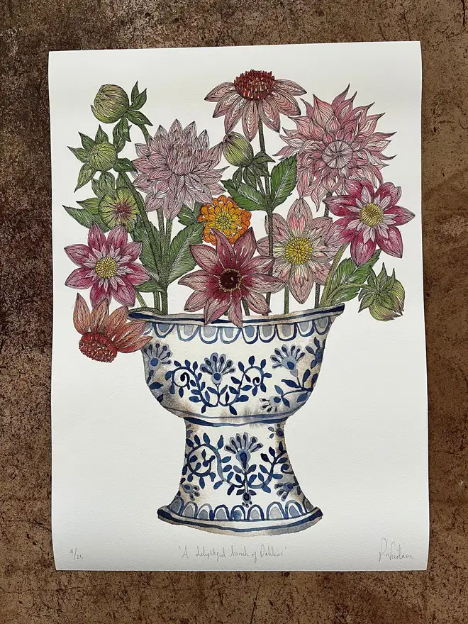 'A Delightful Bunch Of Dahlias' A3 Giclee Art Print