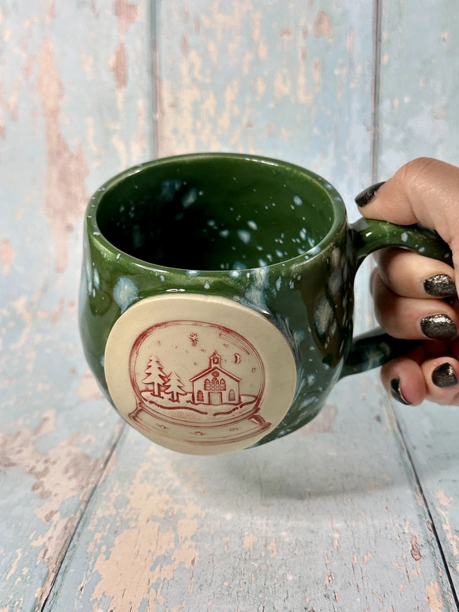 Green Christmas Snow Globe Mug, Handmade Ceramic Cup