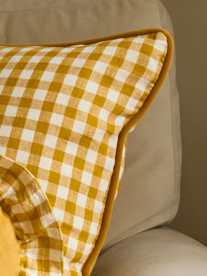 Kika Bespoke handmade mustard gingham cotton linen piped square cushion 45x45cm
