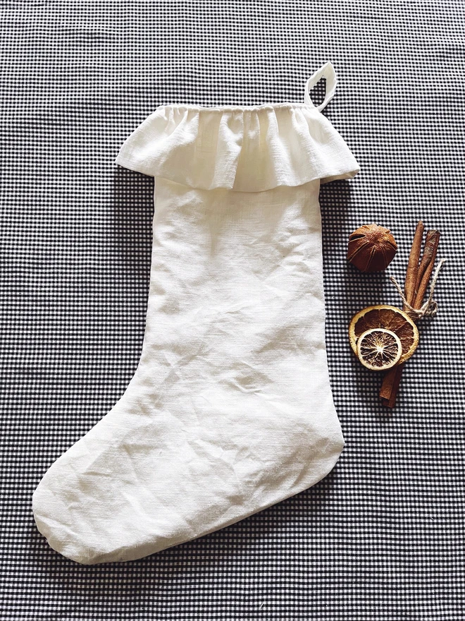 white linen christmas stocking