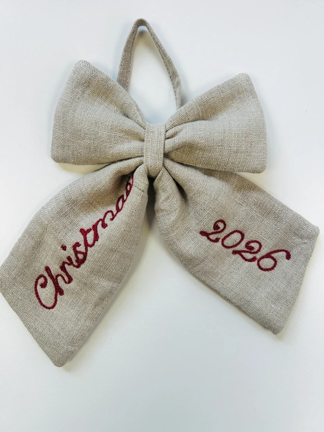 Personalised Embroidered Linen Bow Tree Decoration