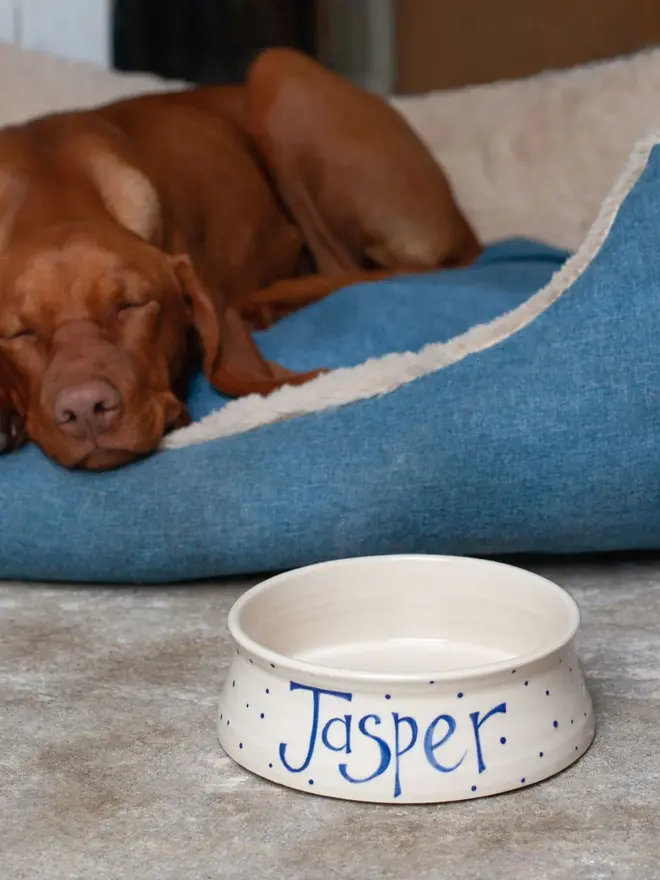 personalised hand-thrown ceramic dog bowl. bowl photographed in foreground, while brown dog sleeps on blue dog bed in the background.