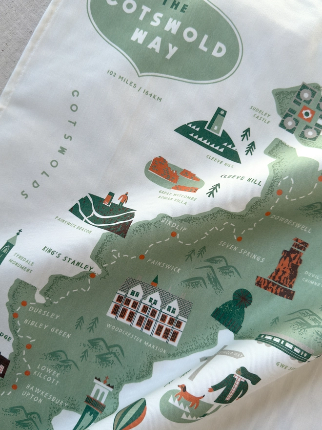 Cotswold Way Map Tea Towel Close Up