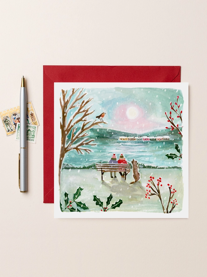 Couple on a Bench Blank Christmas Card