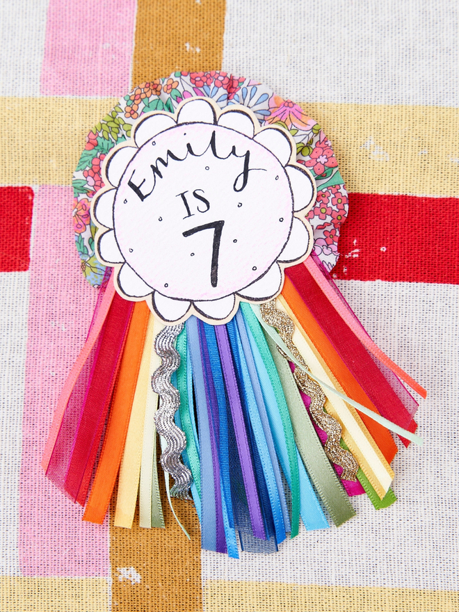 Personalised Birthday Badge Rainbow colour tassles 