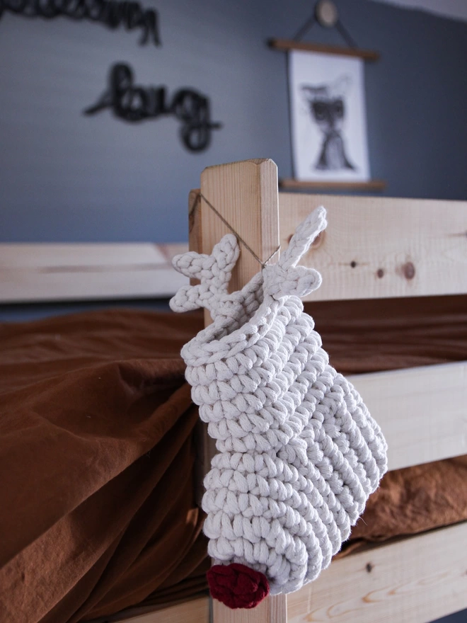 hand-crocheted Small reindeer christmas stocking