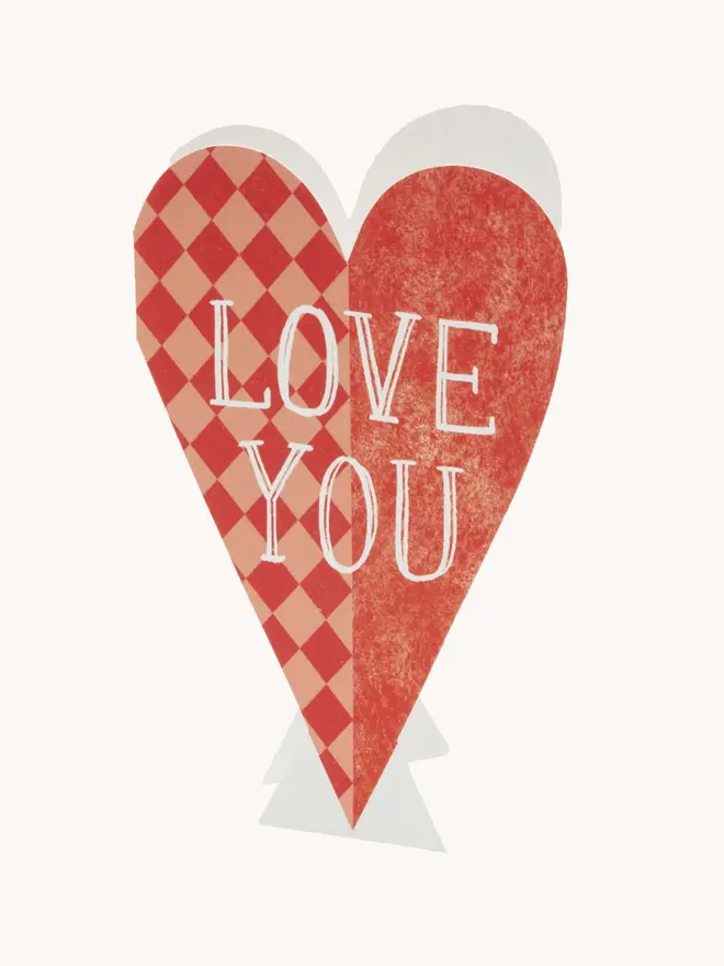 heart shaped red card with 'love you' text