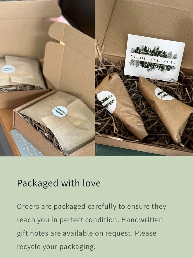 2 images showing how the paper plants are wrapped. Brown kraft boxes filled with shredded paper and it shows paper plants wrapped in tissue paper with Nicole's Jungle stickers and gift cards. Underneath there is text that explains that orders are packaged carefully and handwritten gift notes are available on request. Lastly it says 'please recycle your packaging'.