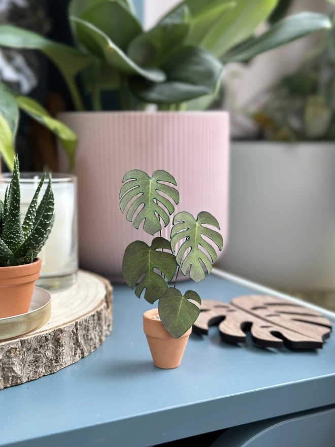 A miniature replica Monstera Deliciosa paper plant ornament in a terracotta pot with sat on a blue desk with real plants and a monstera leaf coaster in the background
